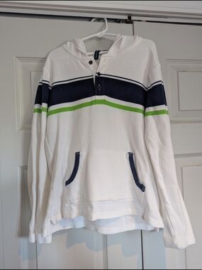 Janie And Jack Boys White Hooded Pullover with Navy and Lime Stripe